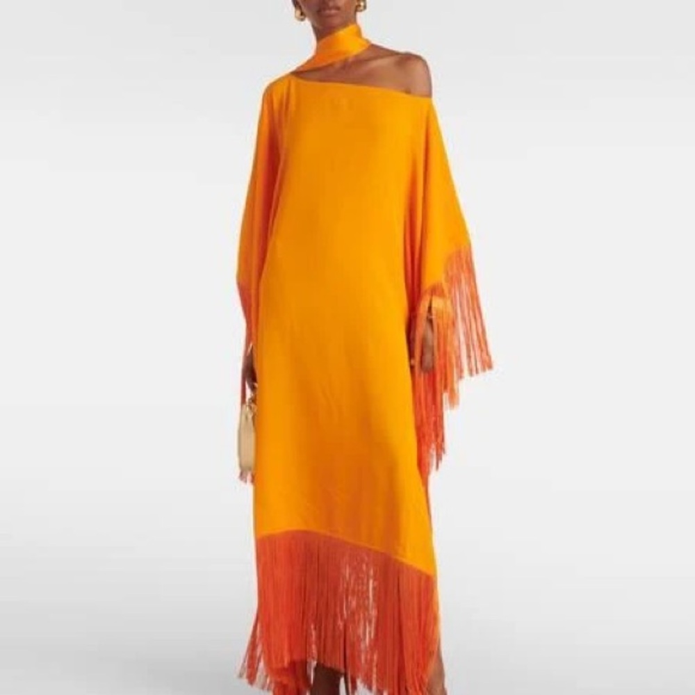 Taller Marmo One Shoulder Orange Fringe Kaftan